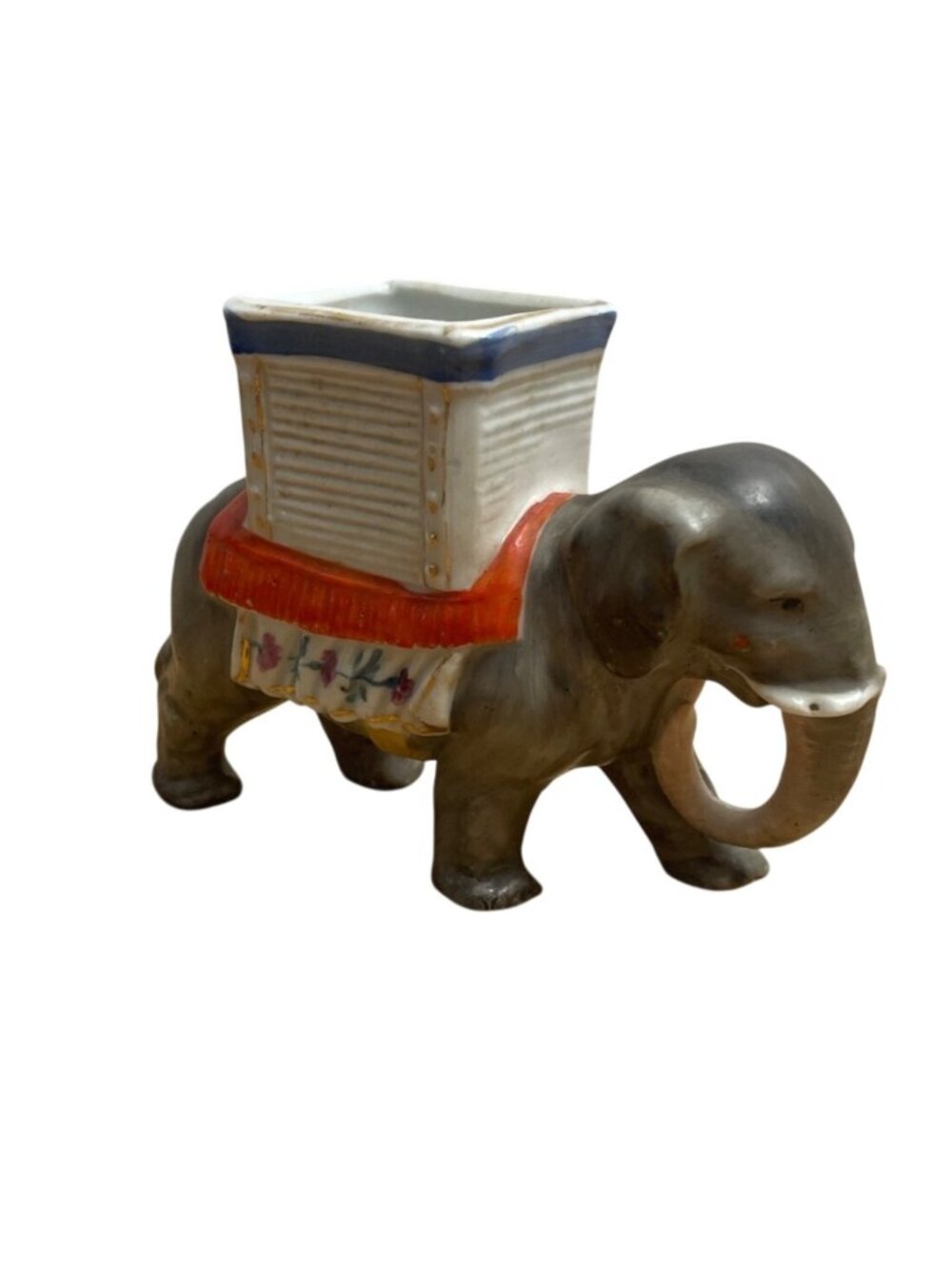 Vtg Ceramic Elephant Figurine Floral Accents Saddle Trinket Box Matchbook Holder